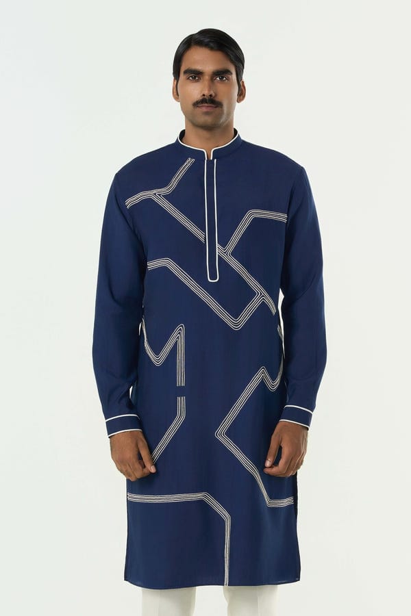 Line out Line — Meta Grid Kurta - Navy Blue