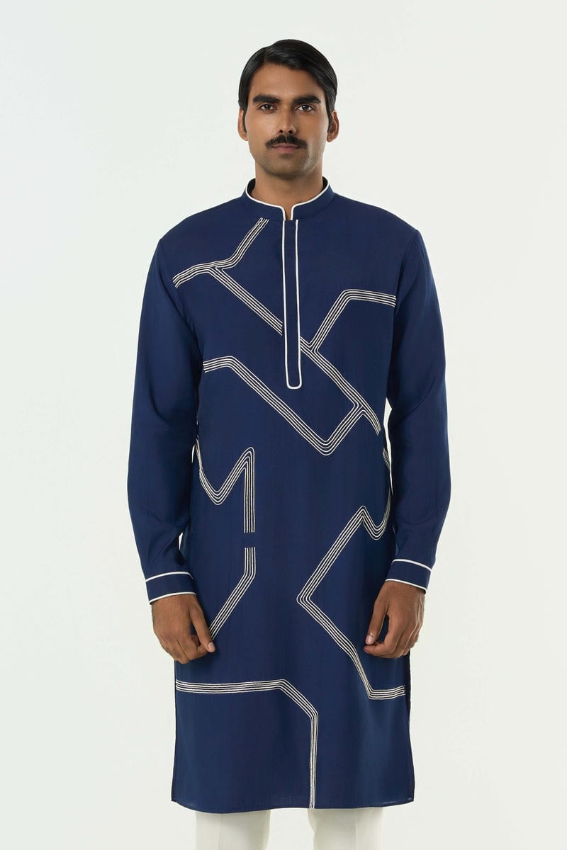 Meta Grid Kurta - Navy Blue