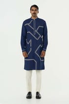 Meta Grid Kurta - Navy Blue view 3