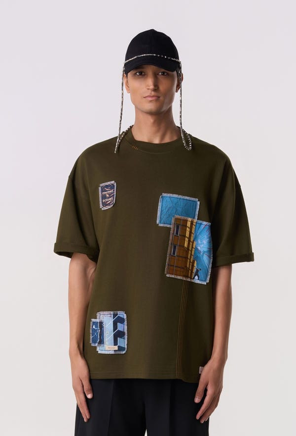 Line out Line — Multi-Patch Graphic T-Shirt Olive