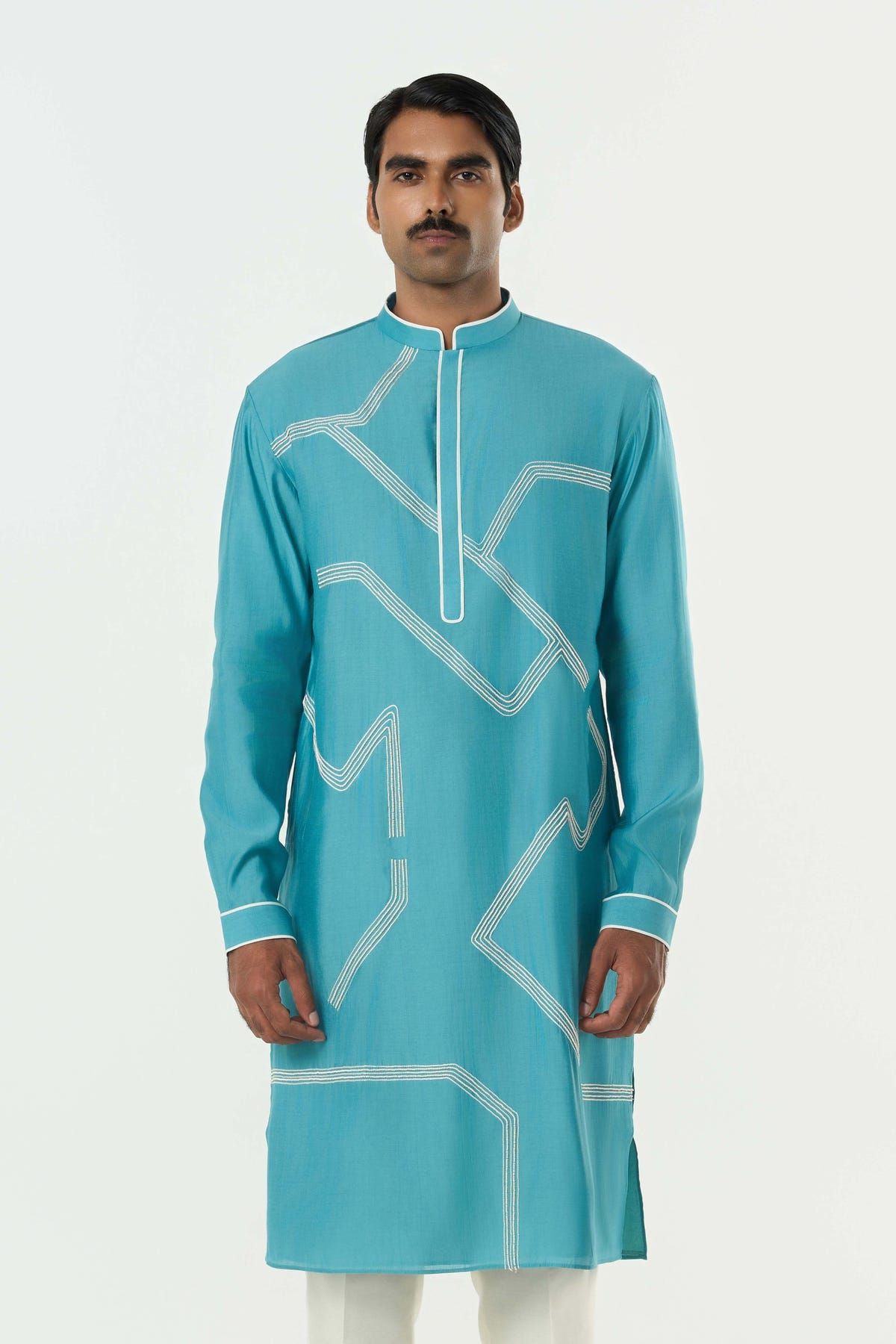 Meta Grid Kurta - Teal Blue - image 1