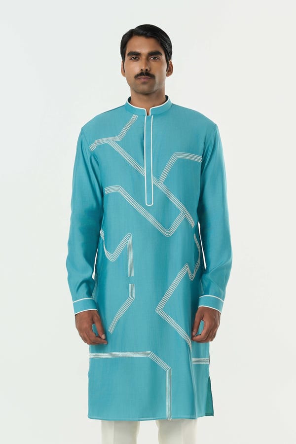 Line out Line — Meta Grid Kurta - Teal Blue