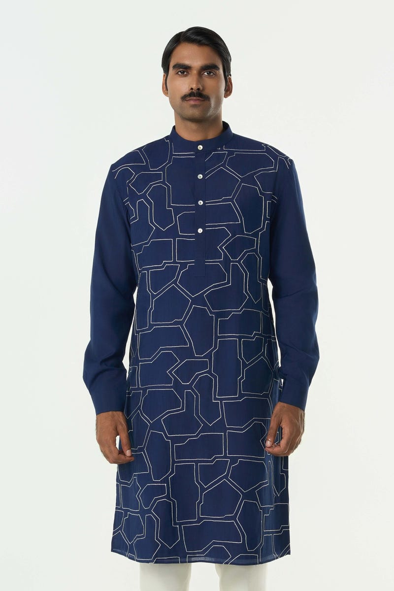 Geo Block Kurta - Navy Blue