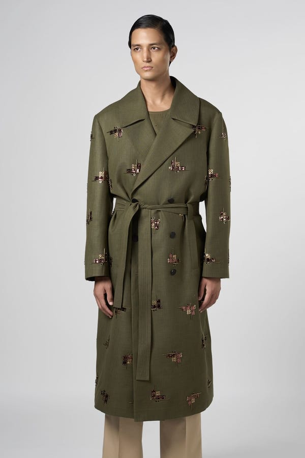 Line out Line — Beam Embroidered Motif Trench
