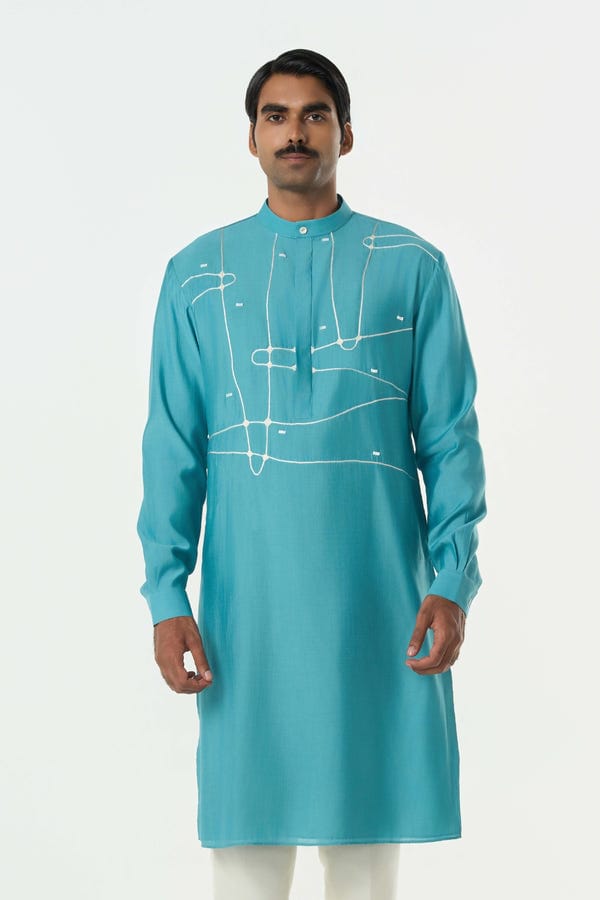 Line out Line — Pixel Warp Kurta - Teal Blue