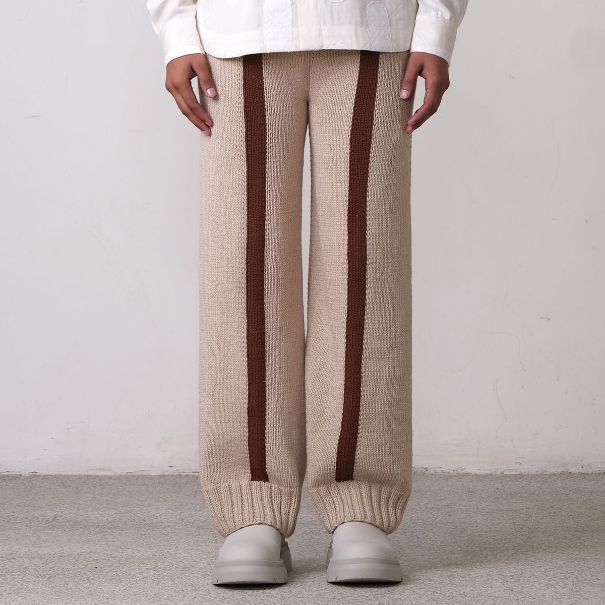 Fibula Striped Hand-knitted Trousers- Beige - image 1
