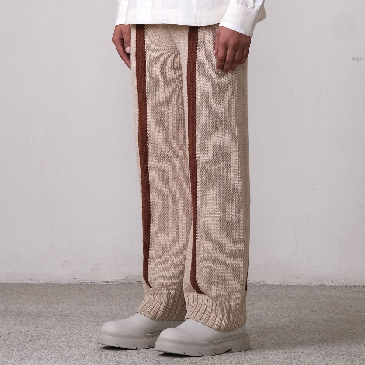 Fibula Striped Hand-knitted Trousers- Beige - image 2