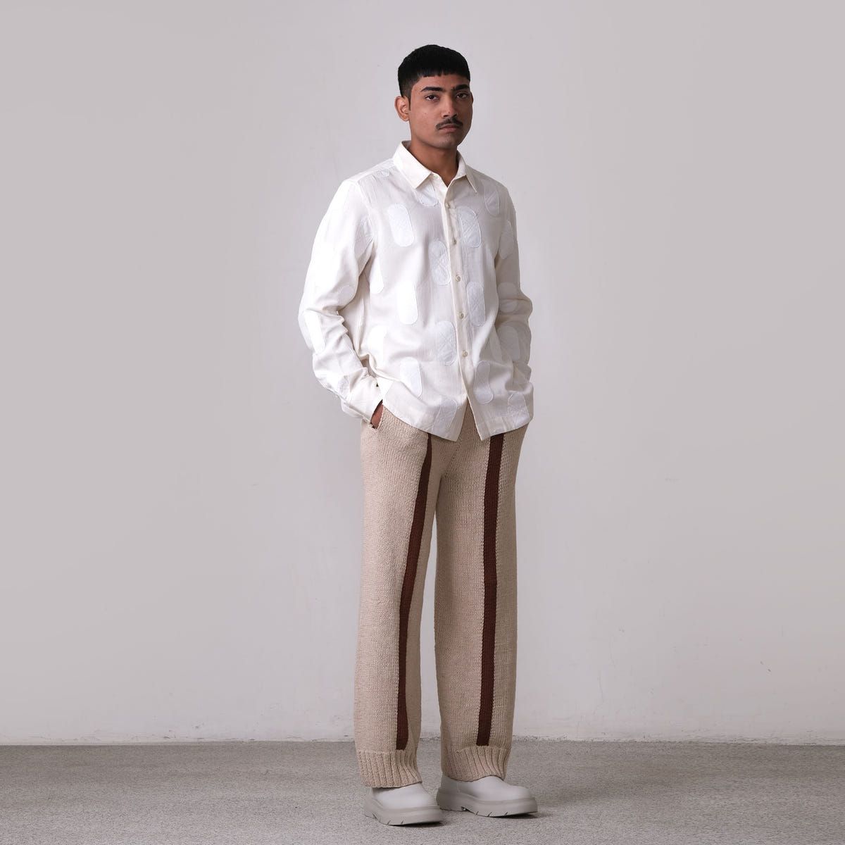 Fibula Striped Hand-knitted Trousers- Beige - image 5