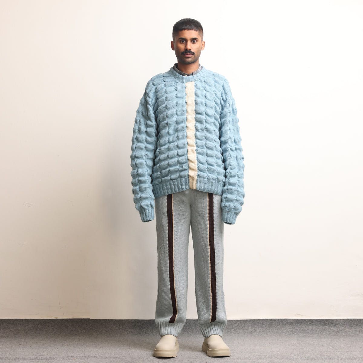 Fibula Striped Hand-knitted Trousers- Sky Blue - image 4