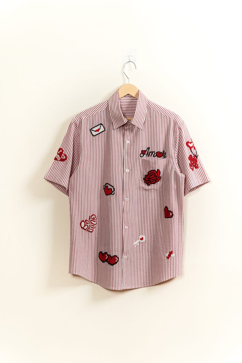 "8-bit love" hand embroidered shirt