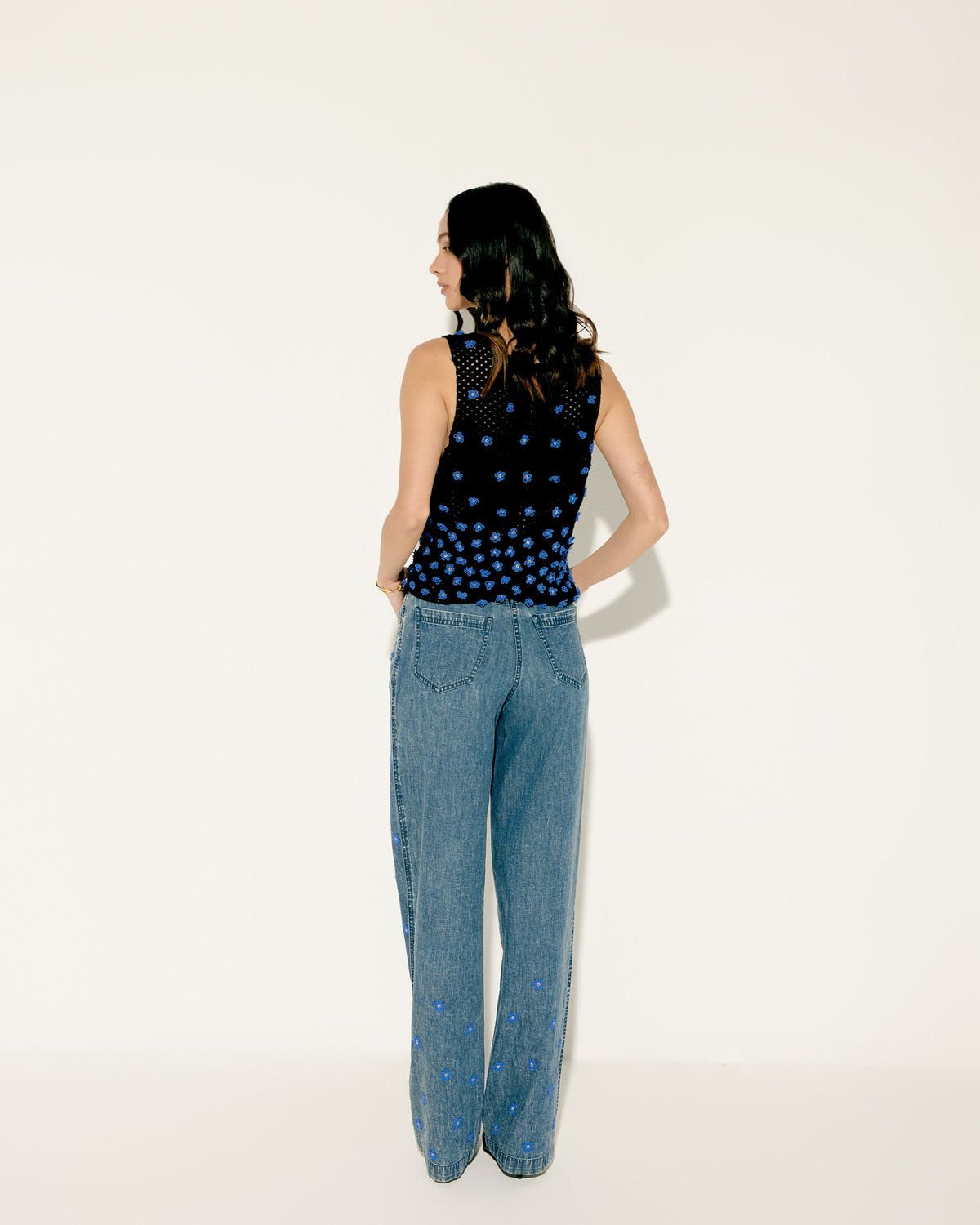 Hand embroidered floral straight fit denim - image 3