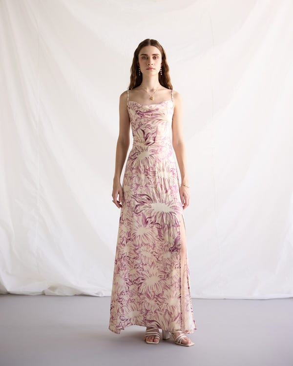 Perte D'ego — Lavender floral embellished Pleated Cowl Aline Dress