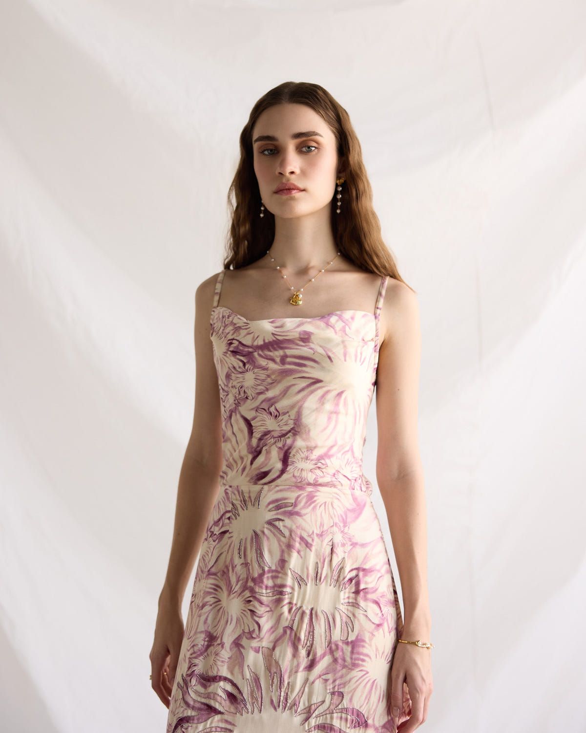 Lavender floral embellished Pleated Cowl Aline Dress - image 3