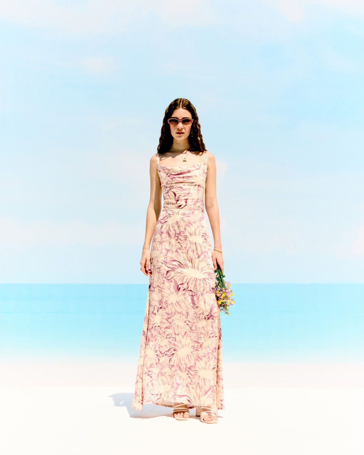 Lavender floral embellished Pleated Cowl Aline Dress - image 6