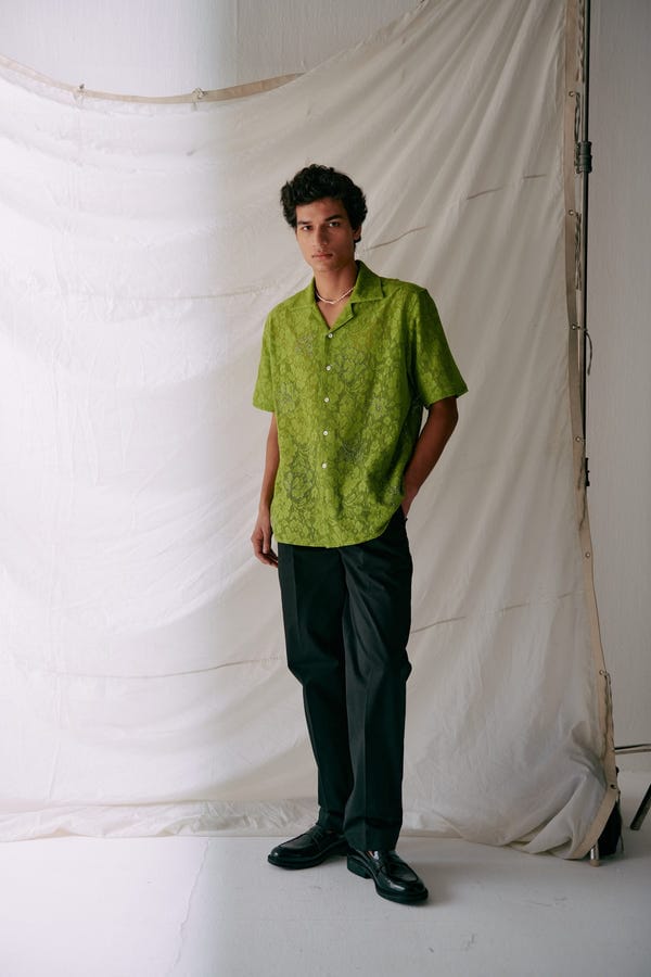 Perte D'ego — Floral embroidered lace shirt- Mint green