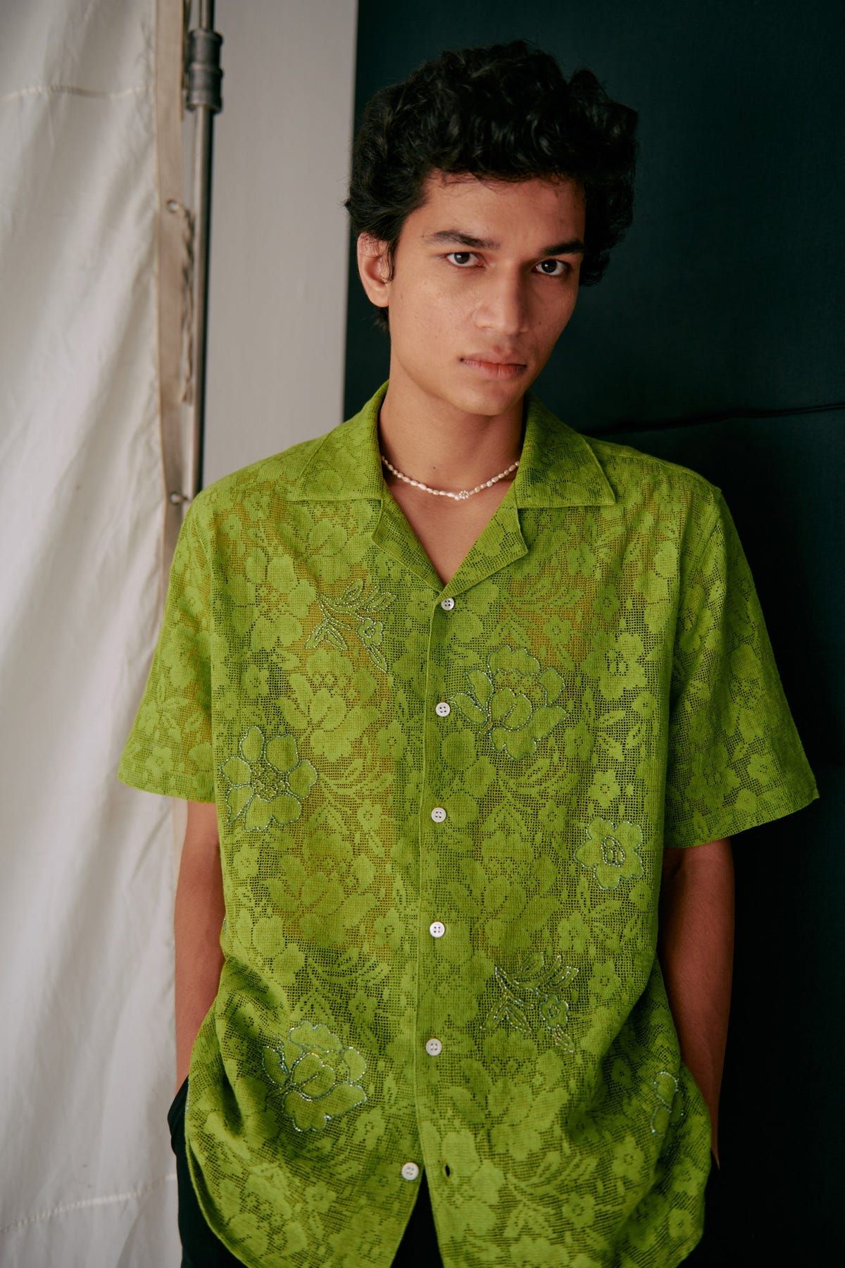 Floral embroidered lace shirt- Mint green - image 4