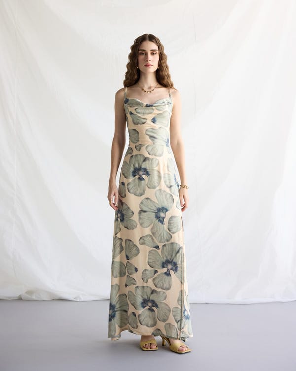 Perte D'ego — "Ocean Bloom" Pleated Cowl Aline Dress