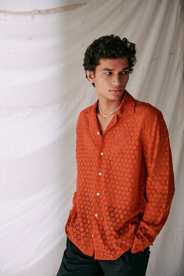 Perte D'ego — Floral lace full sleeve shirt- Rust