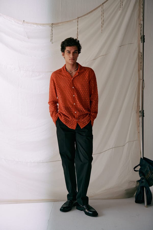 Perte D'ego — Floral lace full sleeve shirt- Rust