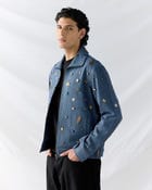 Hand embroidered wool zip up jacket- Blue view 1