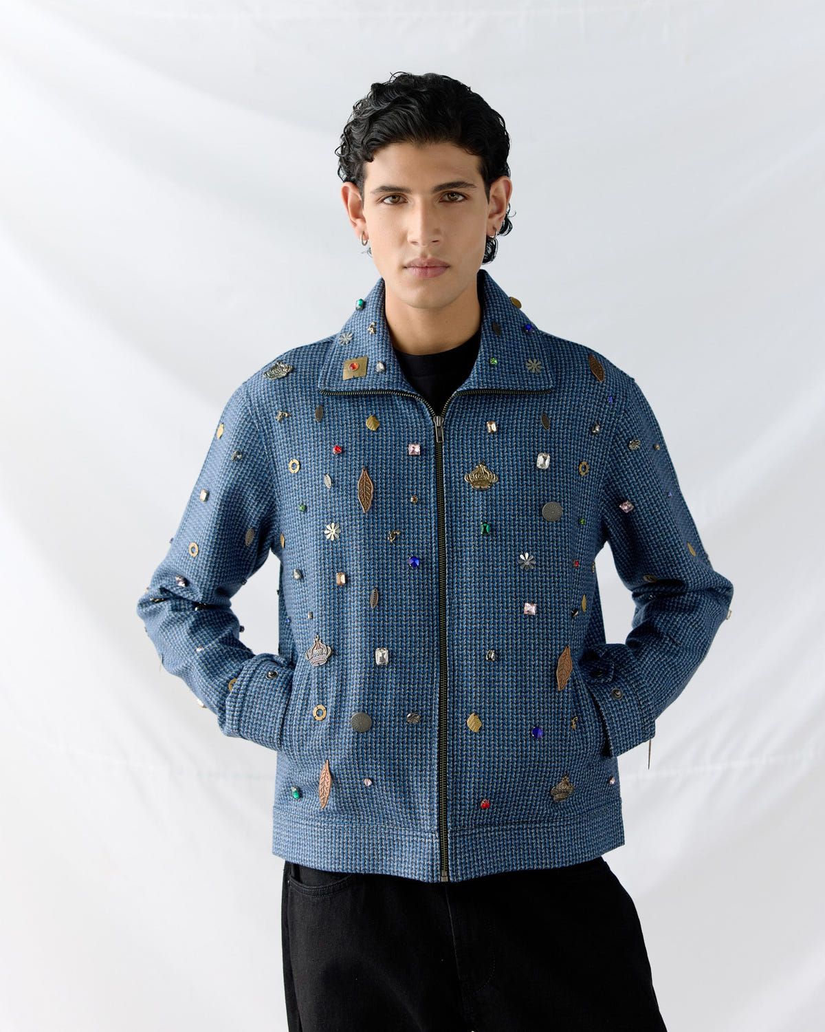 Hand embroidered wool zip up jacket- Blue - image 2
