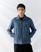 Hand embroidered wool zip up jacket- Blue view 2
