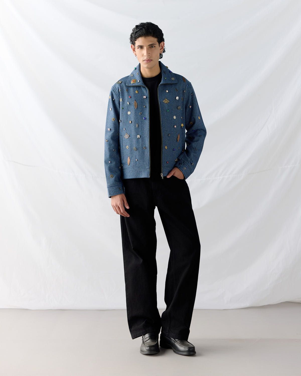 Hand embroidered wool zip up jacket- Blue - image 3