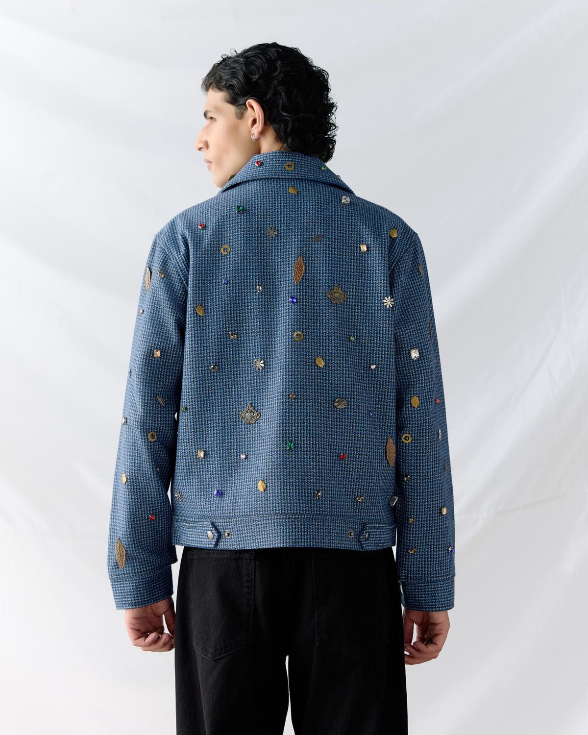 Hand embroidered wool zip up jacket- Blue - image 4