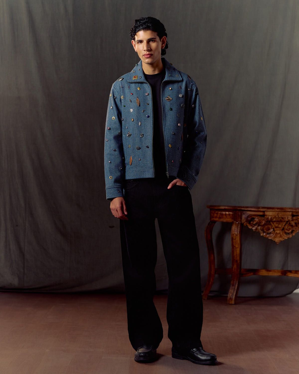 Hand embroidered wool zip up jacket- Blue - image 5