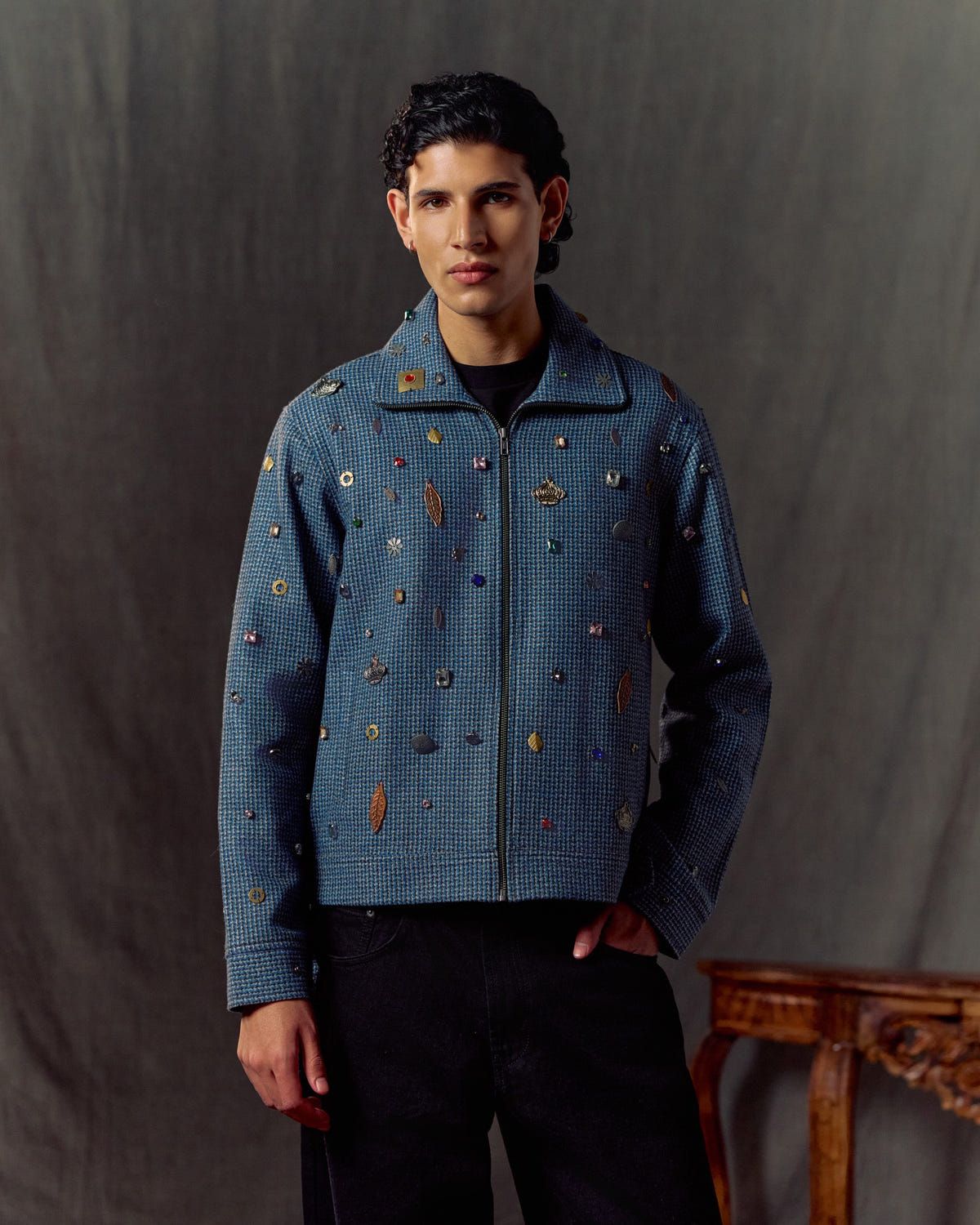 Hand embroidered wool zip up jacket- Blue - image 6