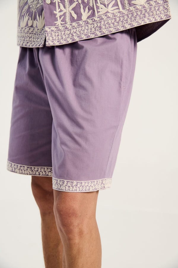 Perte D'ego — "Palm paradise" border embroidered shorts