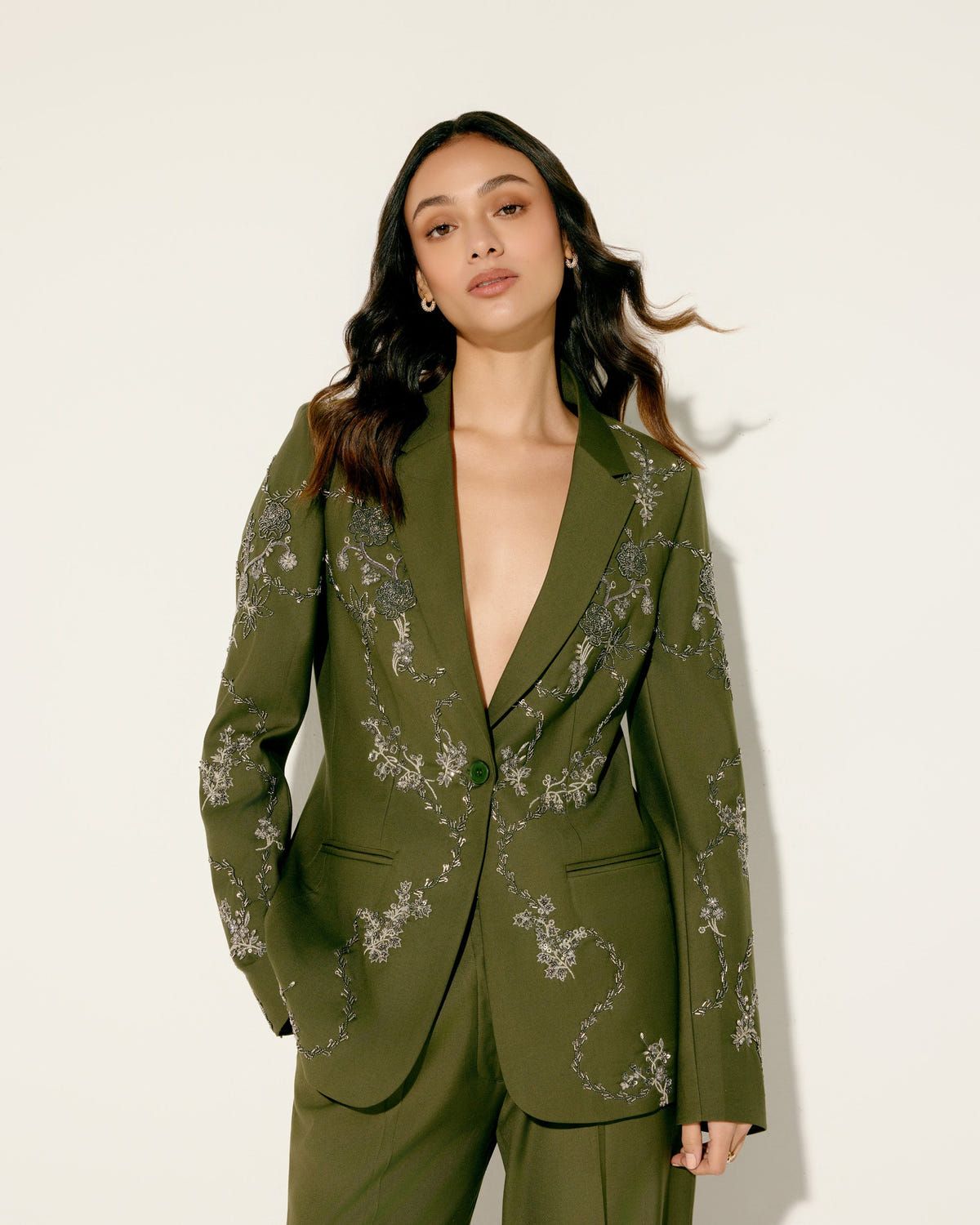 Hand embroidered olive green blazer - image 1
