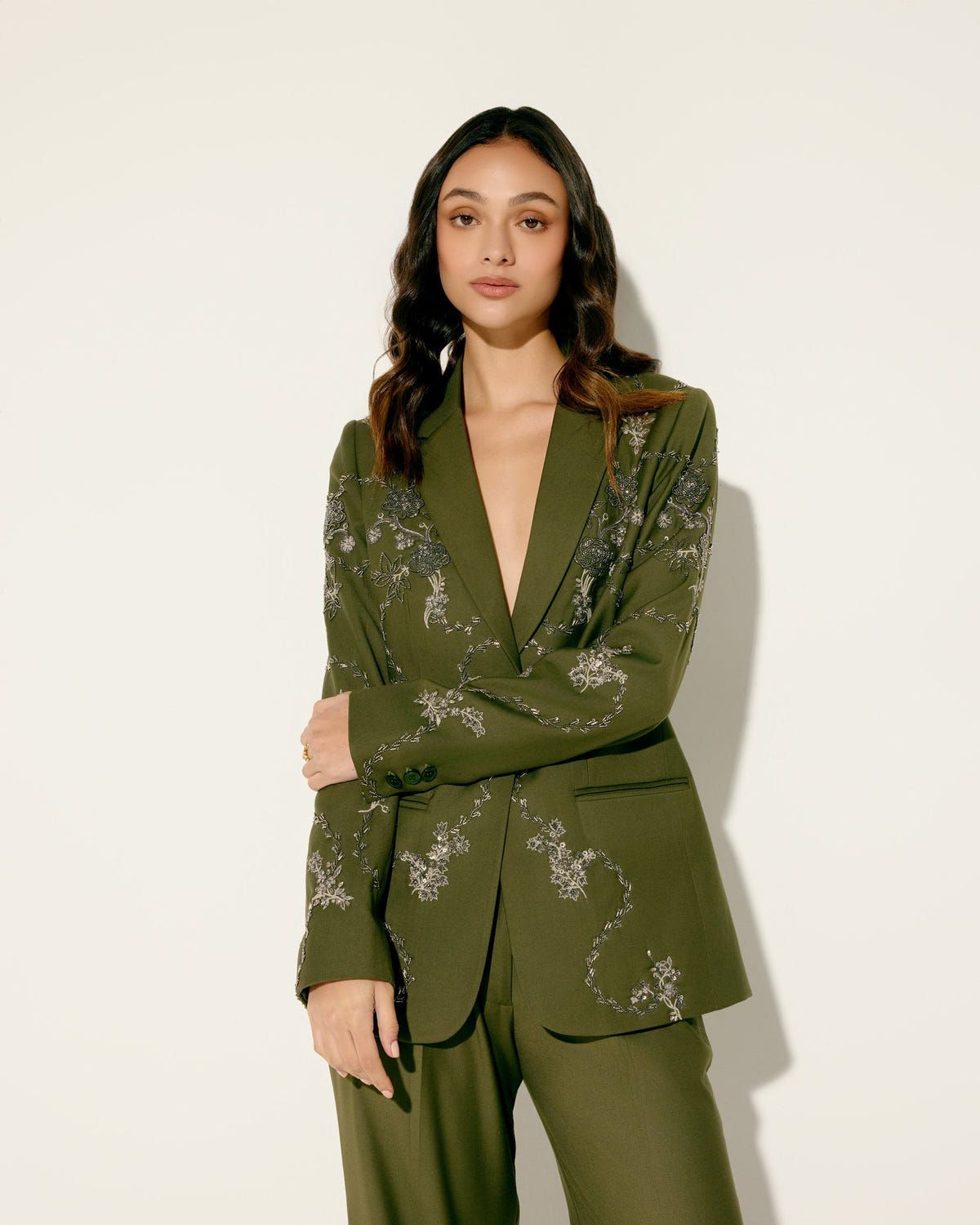 Hand embroidered olive green blazer - image 4