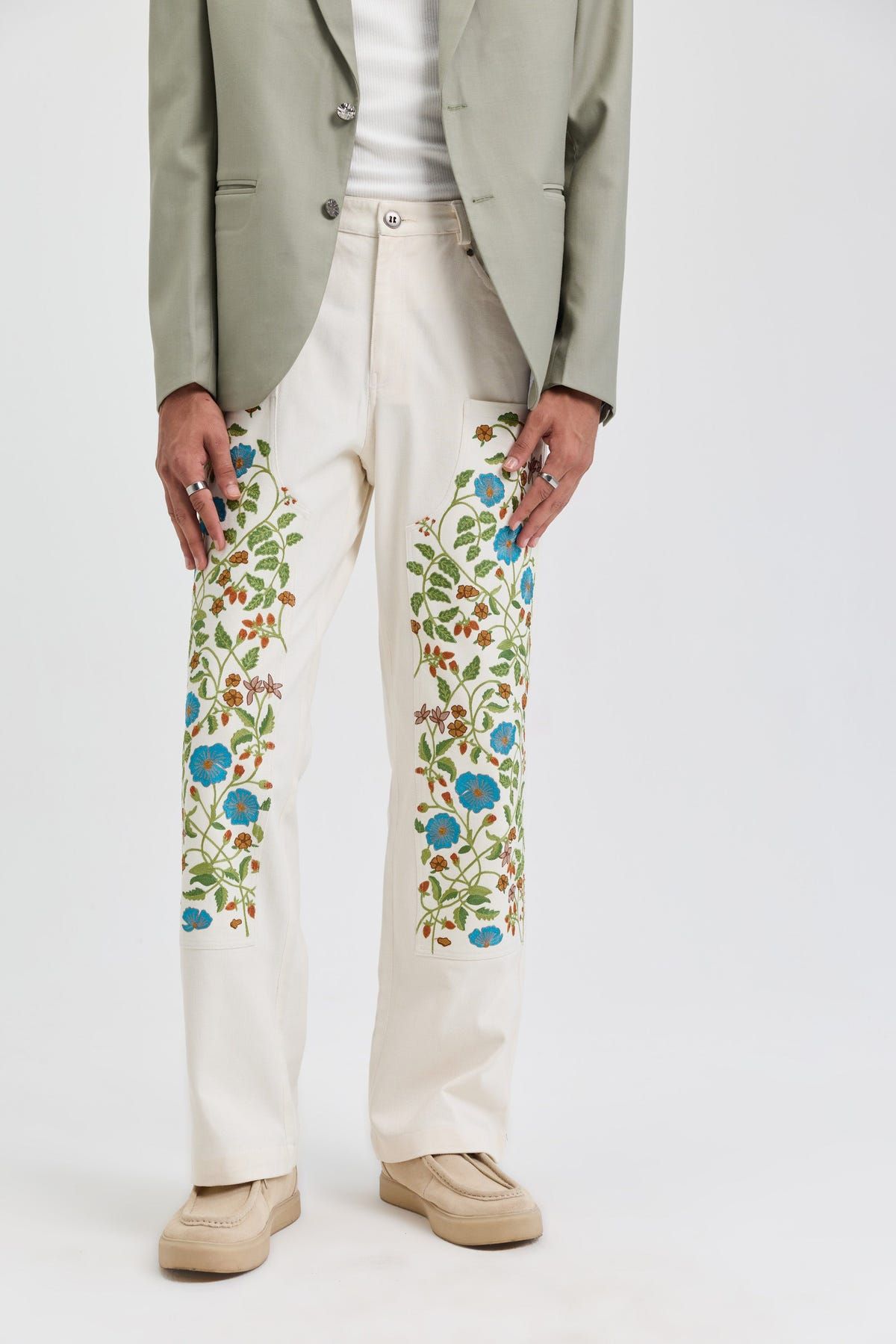 Floral embroidered carpenter pants - image 1