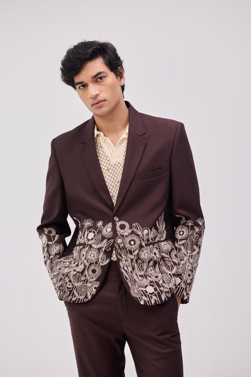 Floral embroidered blazer-Chocolate brown