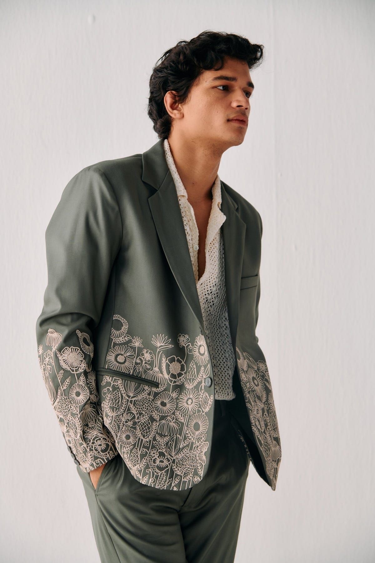 Sage Green Floral Hand Embroidered Casual Wedding Suit - image 3