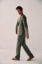 Floral embroidered blazer-Sage green view 4