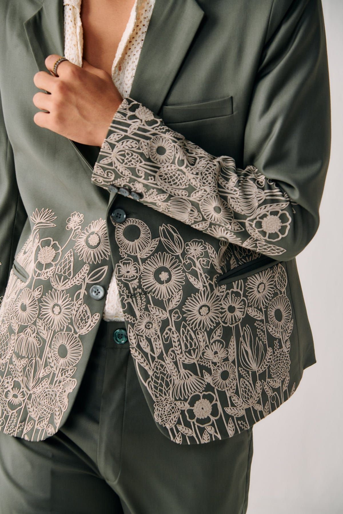 Floral embroidered blazer-Sage green - image 10