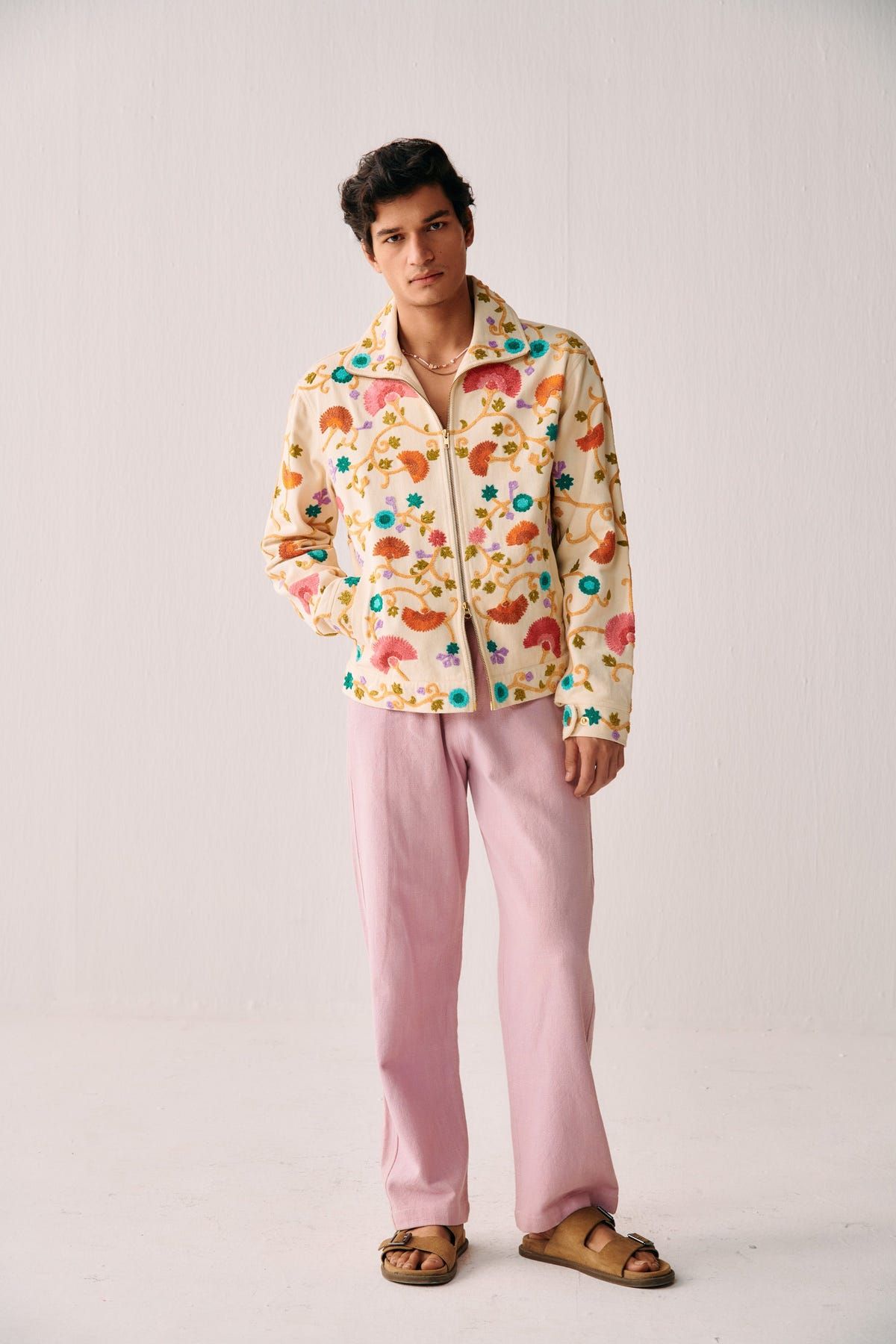 Fuzzy floral embroidered zip up jacket - image 1