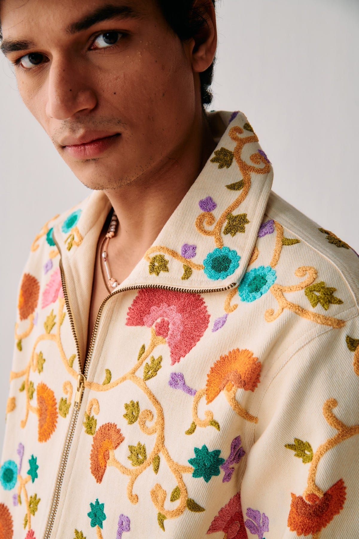 Fuzzy floral embroidered zip up jacket - image 3