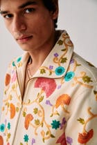 Fuzzy floral embroidered zip up jacket view 3