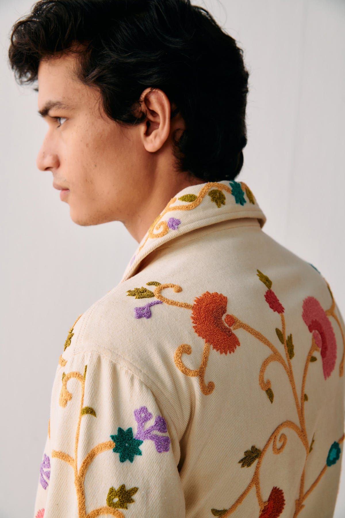 Fuzzy floral embroidered zip up jacket - image 4