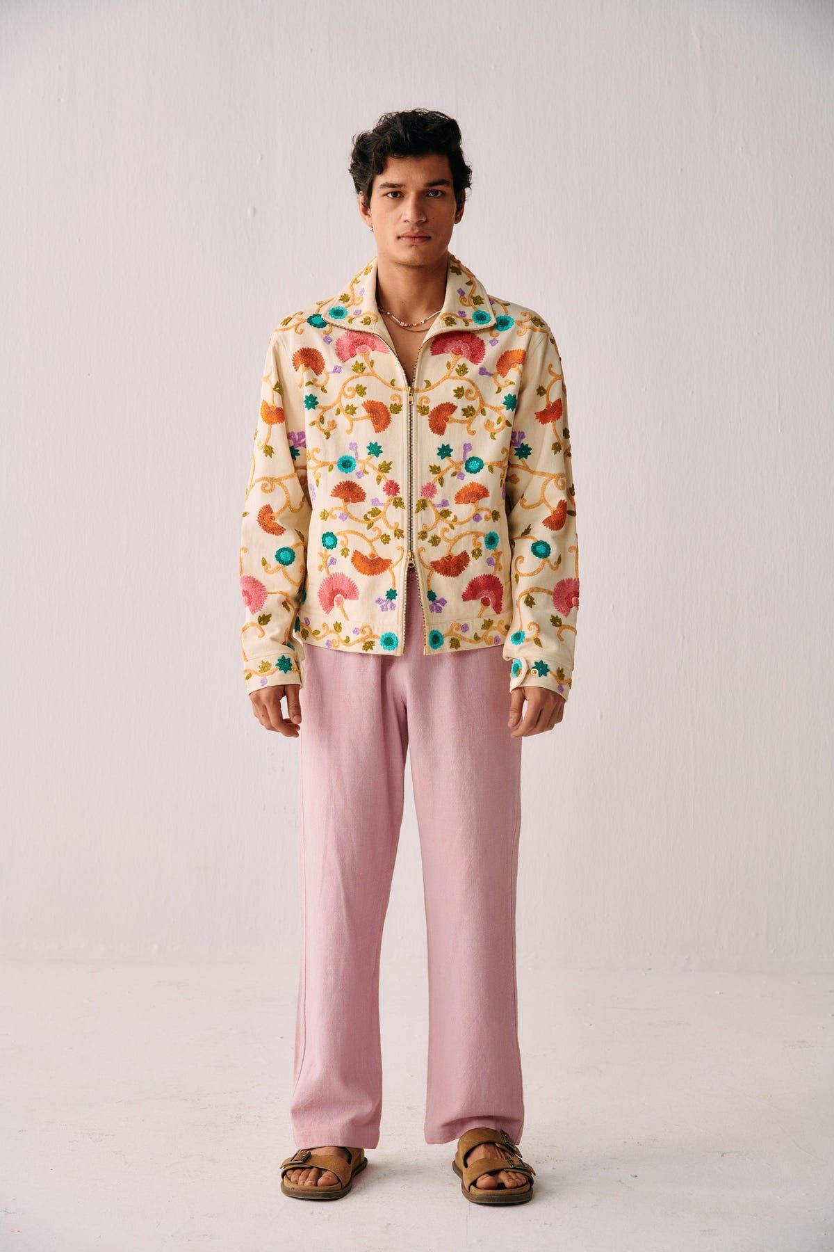 Fuzzy floral embroidered zip up jacket - image 5