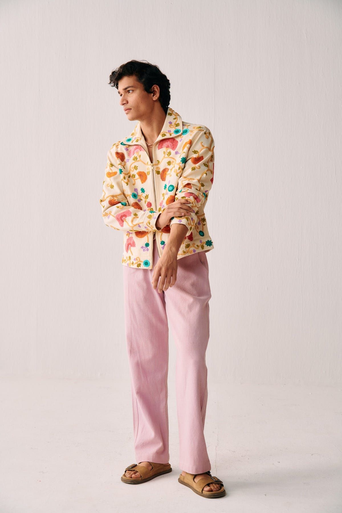 Fuzzy floral embroidered zip up jacket - image 7