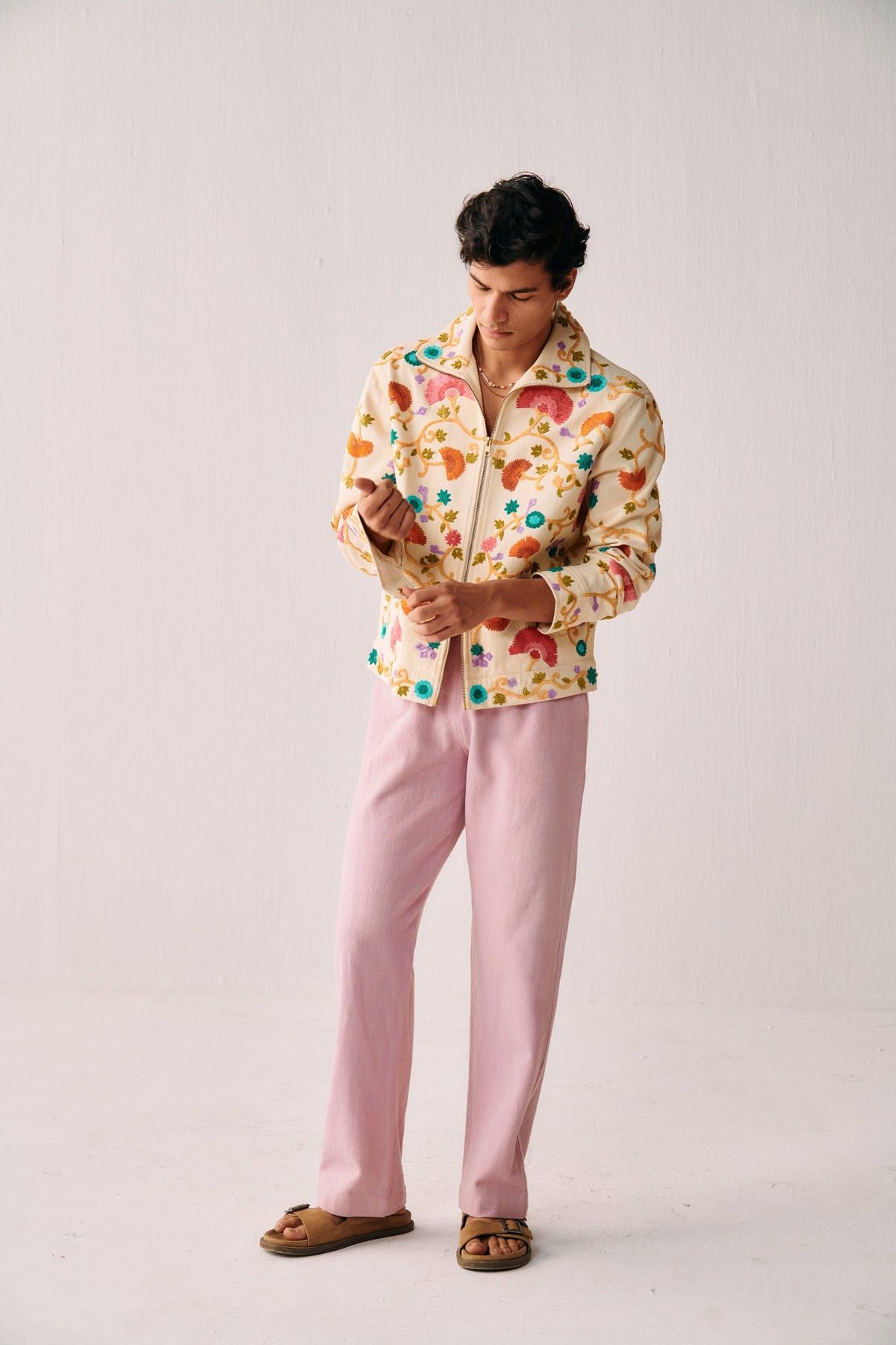 Fuzzy floral embroidered zip up jacket - image 8