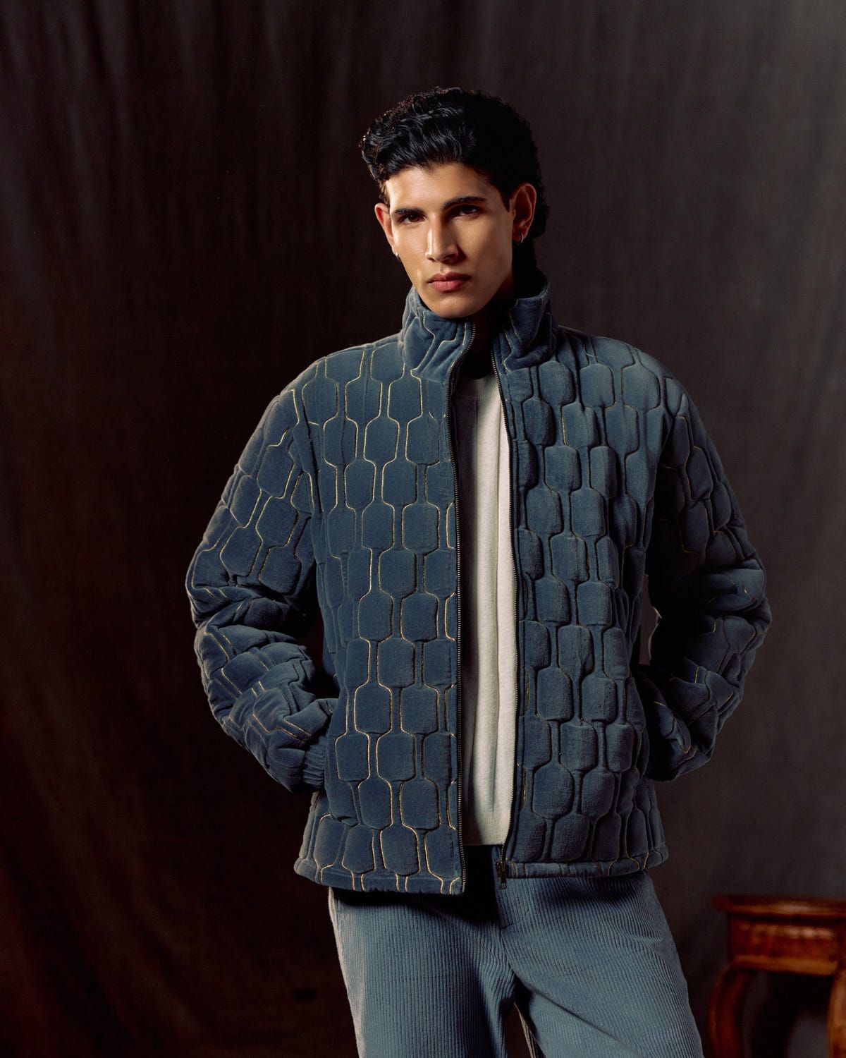 Geo-Quilted Velvet Jacket – Ice blue - image 1