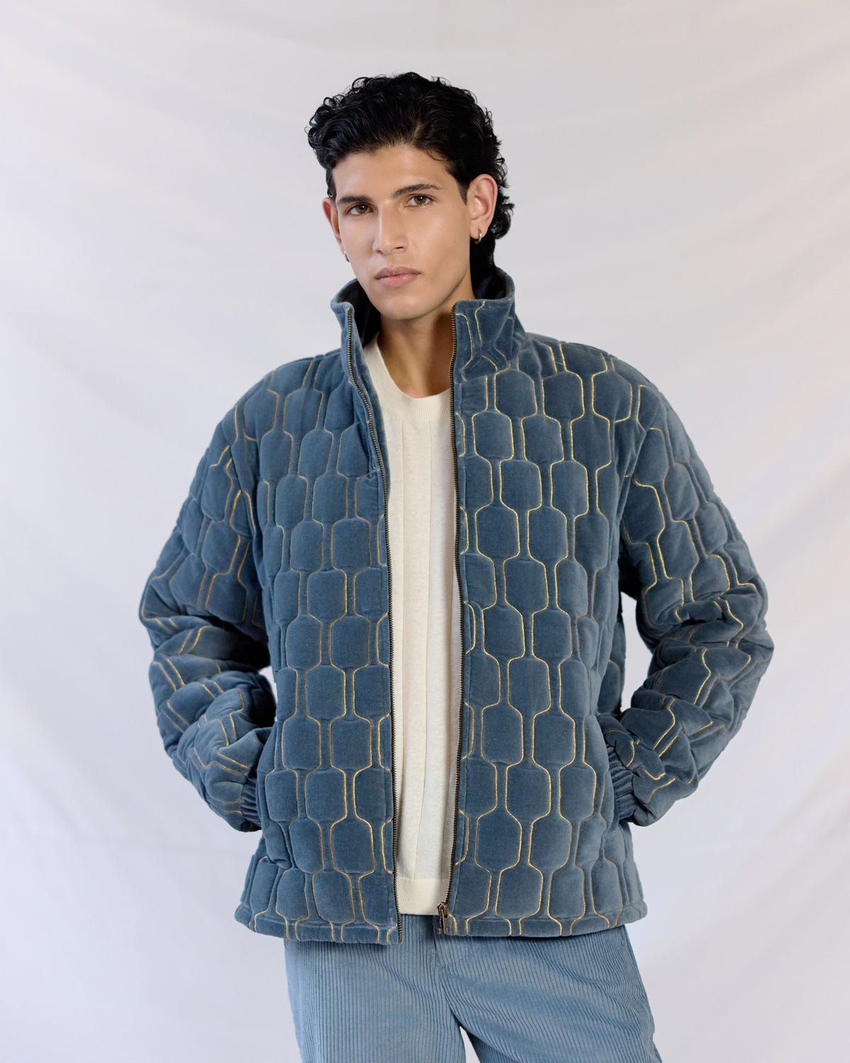 Geo-Quilted Velvet Jacket – Ice blue - image 3