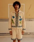 "Blue lotus" hand embroidered zip up jacket view 3
