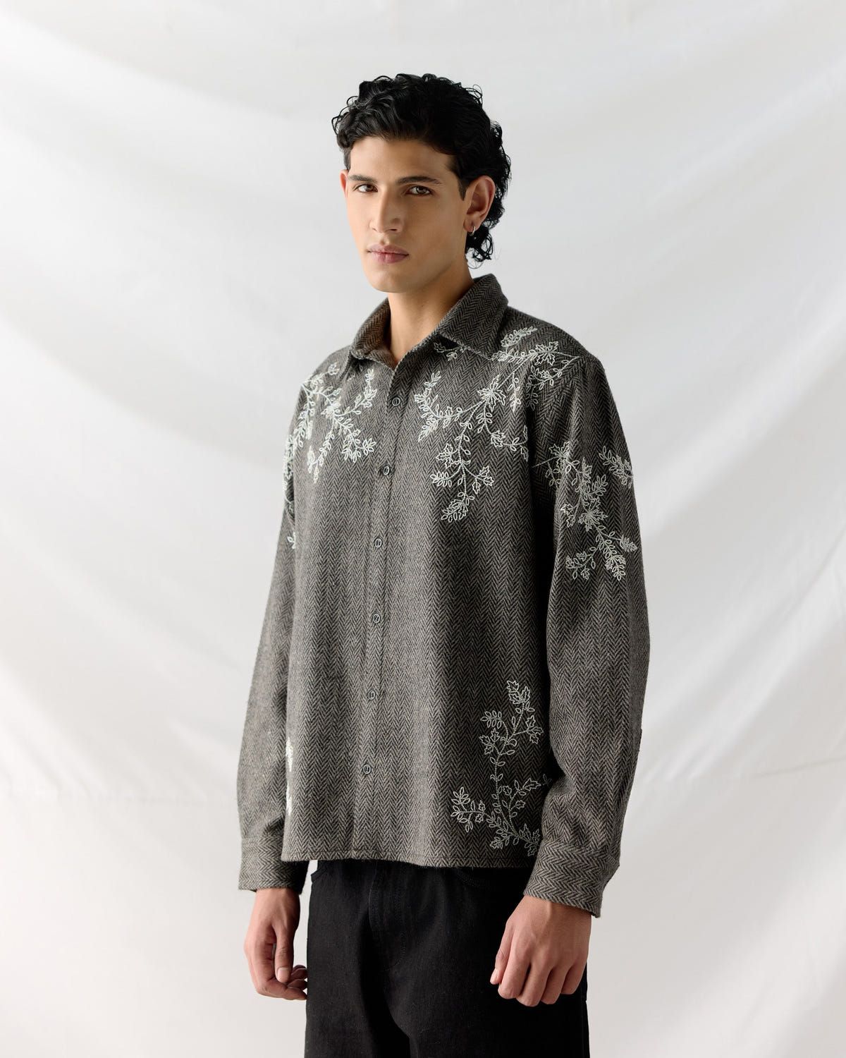 Floral wool shirt- Grey - image 1