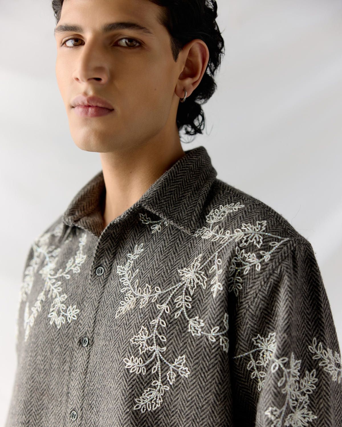 Floral wool shirt- Grey - image 2